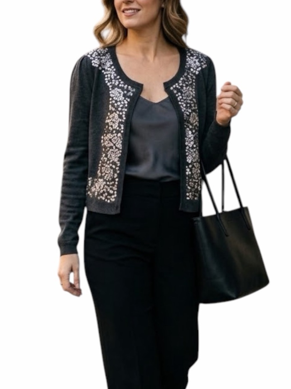 INC International Concepts Charcoal Gray Sequin Floral Trim Cardigan - Size L